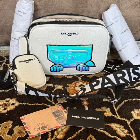 Karl Lagerfeld Handbags - Karl Lagerfeld Maybelle Double Zip White Iridescent Crossbody Camera
Bag